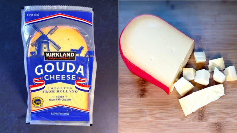 A package and chopped block of gouda cheese