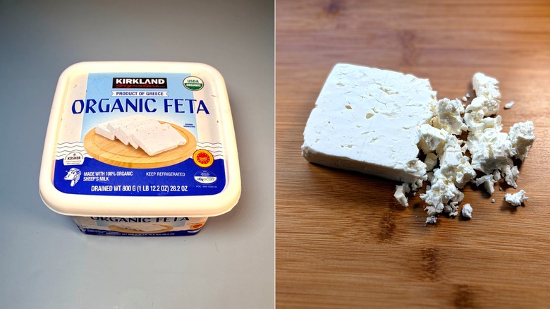 tub and crumbled block of organic feta cheese
