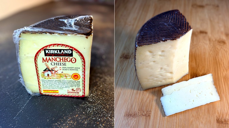 A package and sliced block of Manchego cheese