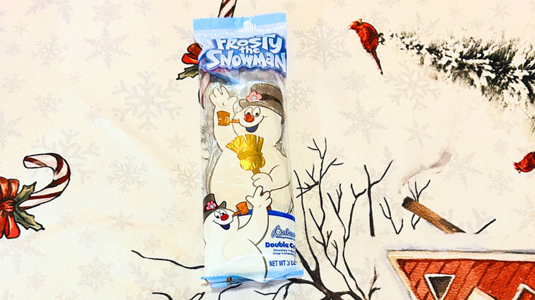 Frosty the Snowman chocolate from Palmer on top of a festive red and white background