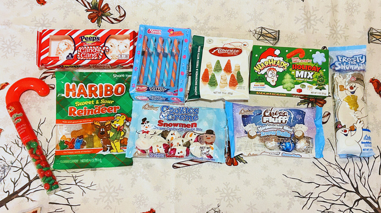 An assortment of Dollar Tree Christmas candy options against a festive red and white background