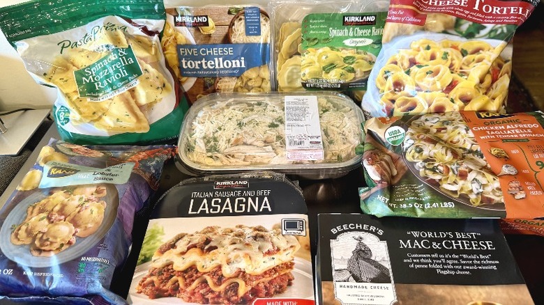 An assortment of packaged pasta from Costco on a tabletop