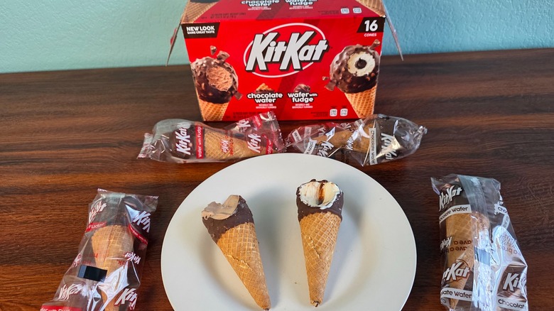 KitKat cones variety pack, unopened packets, and two cones on a plate