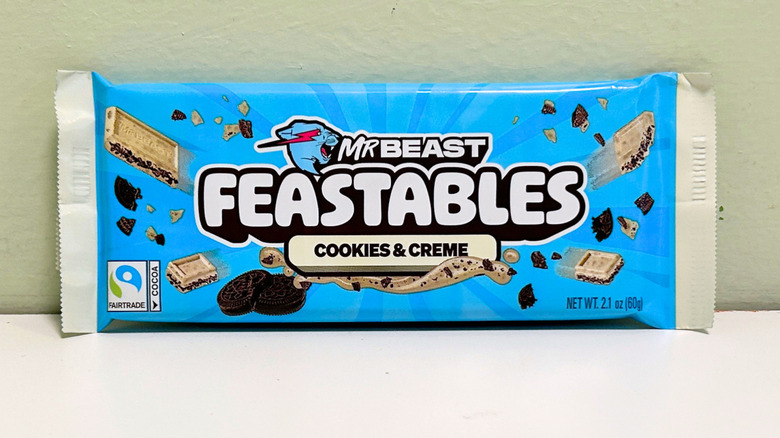 A Mr. Beast Feastables Cookies and Creme Chocolate Bar
