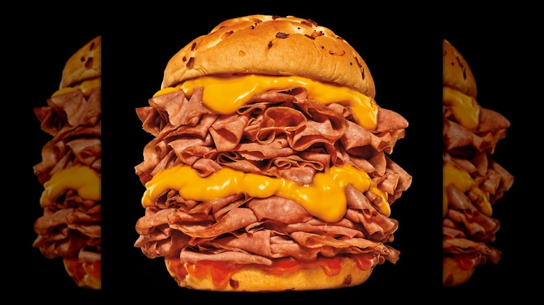 Arby's Half-Pound Roast Beef 'n Cheddar on a black background