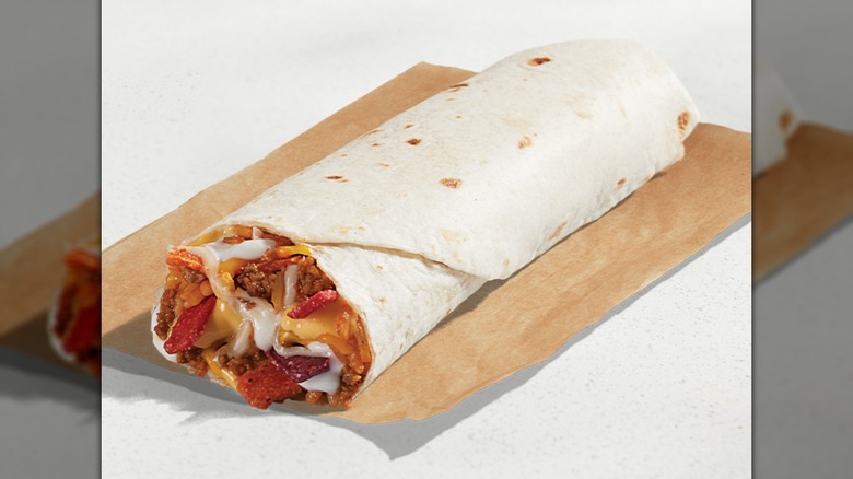 Taco Bell's Cheesy Double Beef Burrito on a white background