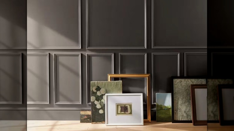 Wall in hallway painted with Benjamin Moore's color of the year Silhouette