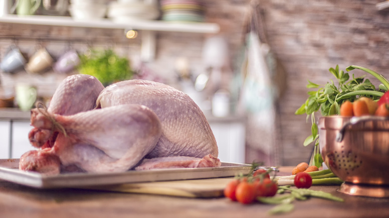 Raw whole turkey with vegetables