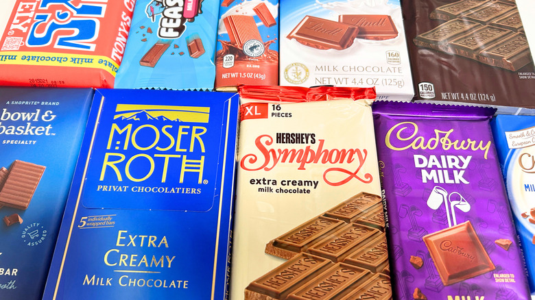 Extreme close up of several milk chocolate bars arranged together on a flat surface