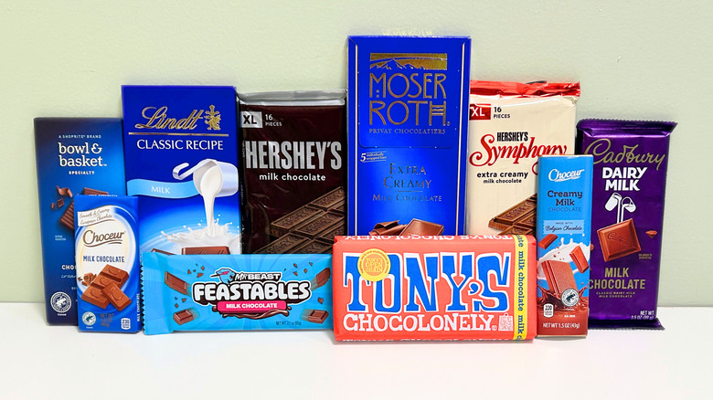 Ten milk chocolate bars arranged together