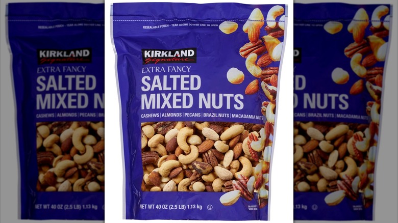Kirkland Signature Extra Fancy Salted Mixed Nuts on a white background