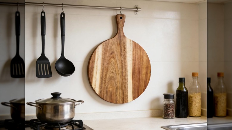 hanging wooden cutting board in kitchen