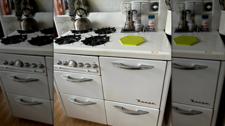 A vintage Norge gas range in a kitchen