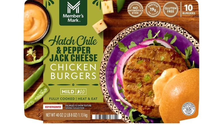 Box of Member's Mark Hatch Chile & Pepper Jack Cheese Chicken Burgers