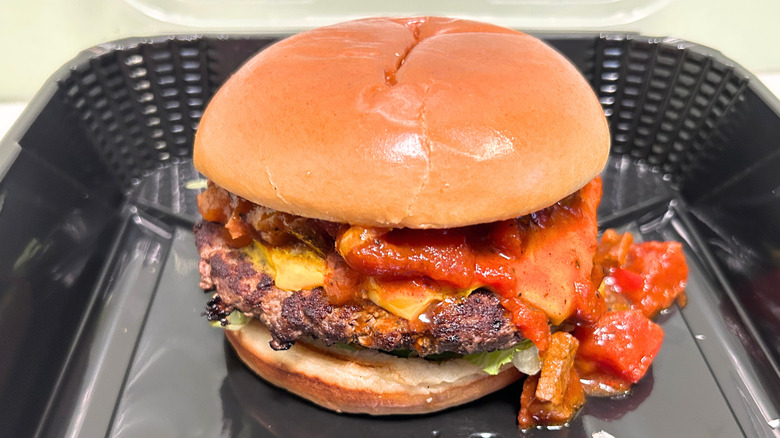 Close up of Outback Steakhouse secret menu Chili Cheese Hamburger