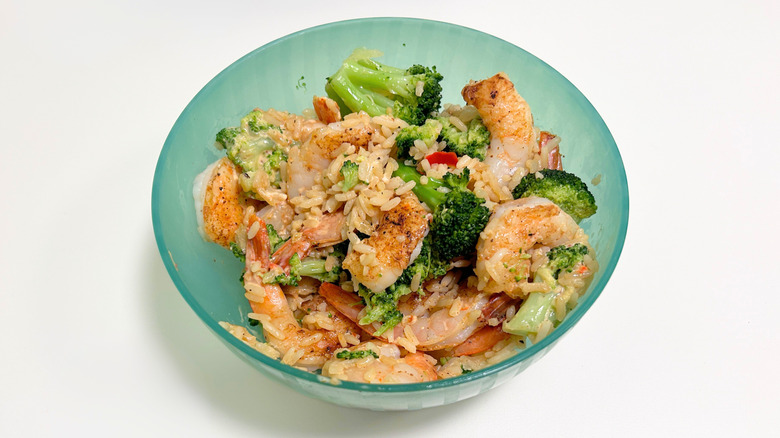 Close up of Outback Steakhouse secret menu Bloomin' Shrimp Rice Bowl