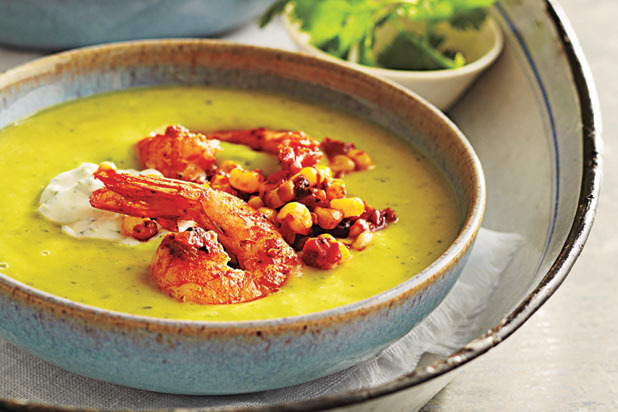 Chilled Avocado Soup with Seared Chipotle Shrimp