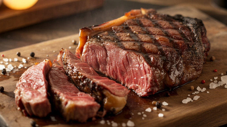 Close up of sliced steak on a cutting board