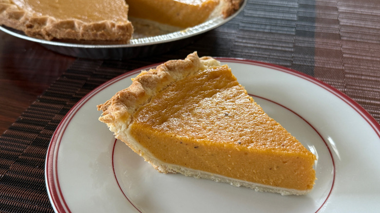 Slice of sweet potato pie on a plate