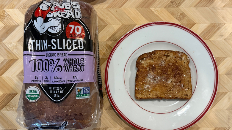 Dave's Killer whole wheat bread toasted and in packaging