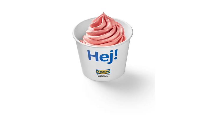 The IKEA strawberry soft serve ice on a white background
