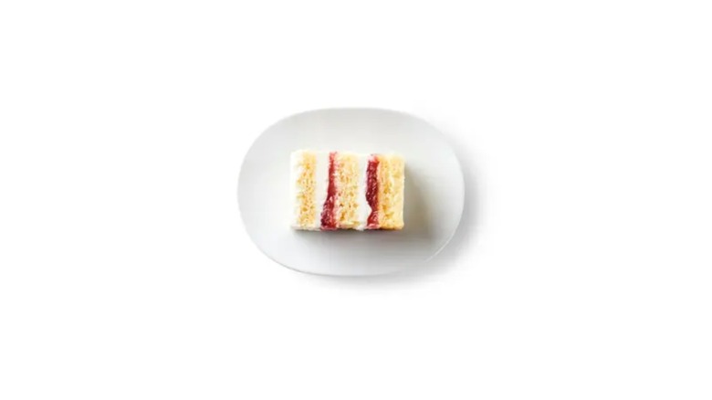 A top-down view of IKEA's strawberry shortcake on a white plate