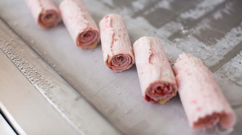 Rolled ice cream on pan