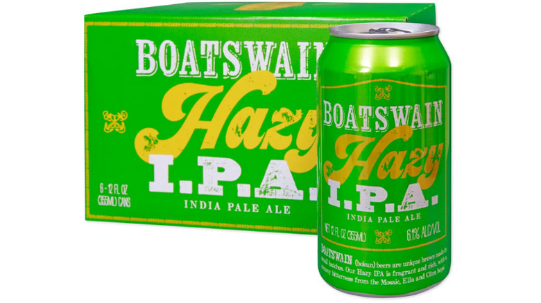 a six-pack of Trader Joe's Boatswain IPA with a can of beer in the foreground