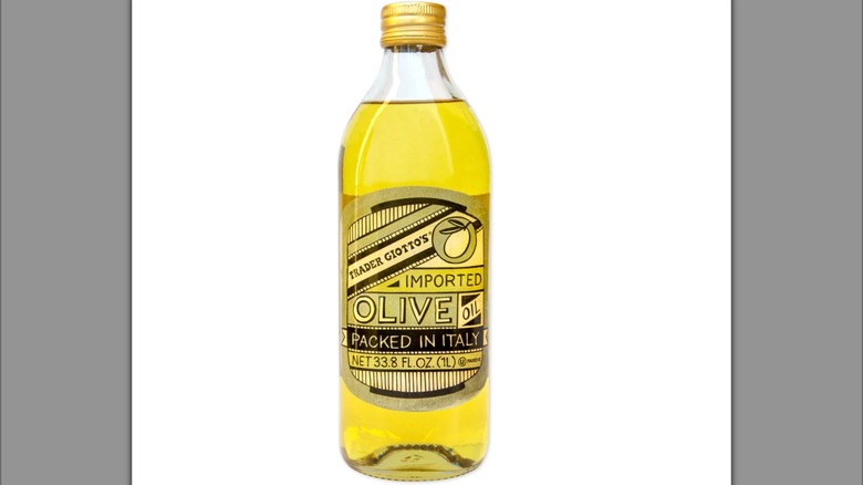 a bottle of Trader Giotto's olive oil against a white background