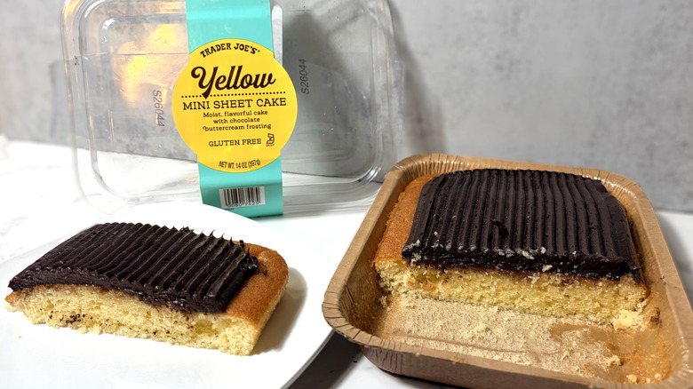 A gluten-free chocolate-frosted yellow mini sheet cake in the package and sliced on a plate