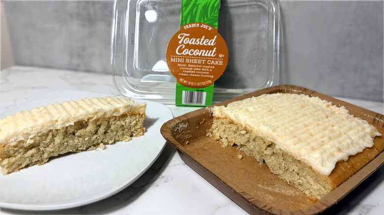 A coconut mini sheet cake in a package and sliced on a plate