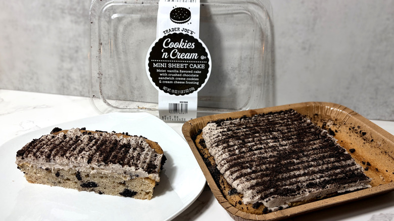 A cookes and cream mini sheet cake in a package and sliced on a plate