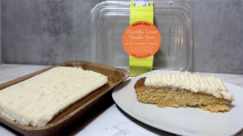 A vanilla mini sheet cake in a package and sliced on a plate