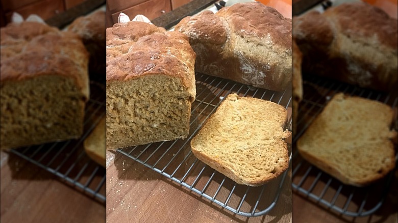 Loaves of anadama bread on cooling rack