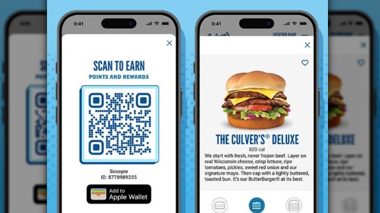 Two smartphones, one with a QR code to scan to earn points and rewards, and one with an image and menu description of a Culver's deluxe burger