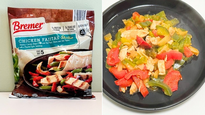 A bag of Bremer Chicken Fajitas Skillet next to a plate of chicken, peppers, and onions