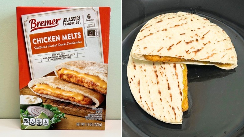 A box of Bremer Chicken Melts next to two halves of a chicken melt