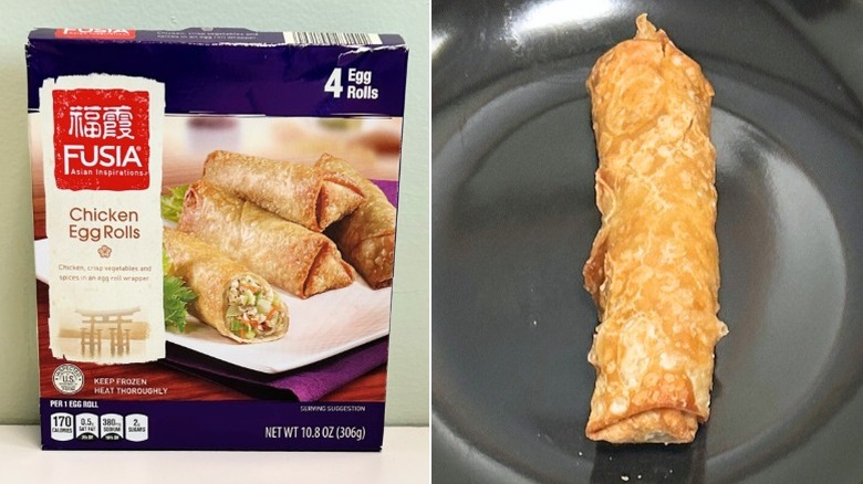 A box of Fusia Chicken Egg Rolls next to an egg roll