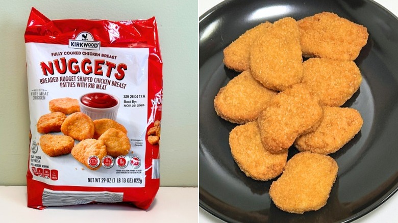 A bag of Kirkwood Fully Cooked Chicken Breast Nuggets next to chicken nuggets