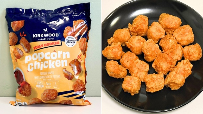A bag of Kirkwood Fully Cooked Popcorn Chicken next to a plate of popcorn chicken