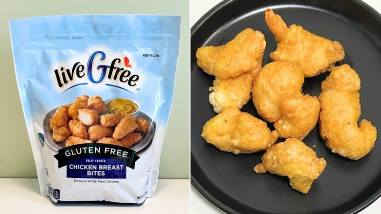 A bag of liveGfree Gluten Free Chicken Breast Bites next to chicken breast bites