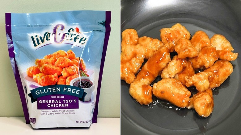 A bag of liveGfree Gluten Free General Tso's Chicken next to plate of general tso's chicken