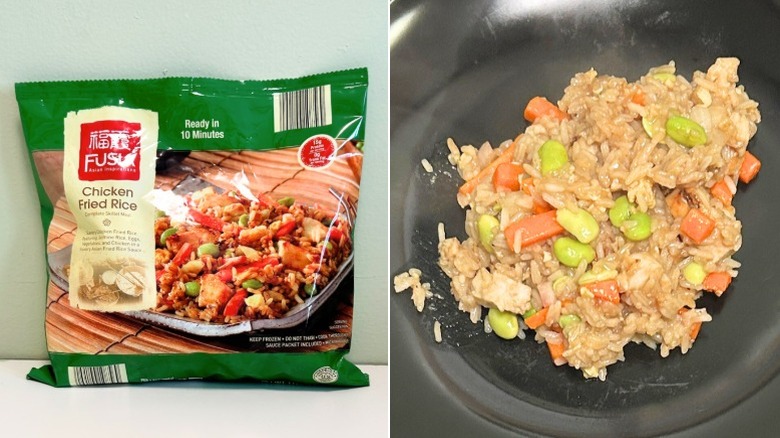 A bag of Fusia Chicken Fried Rice next to a plate of fried rice with vegetables