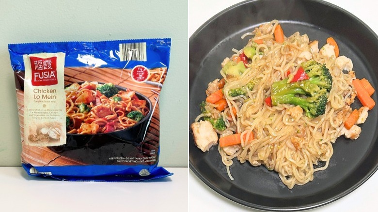 A bag of Fusia Chicken Lo Mein next to a plate of lo mein