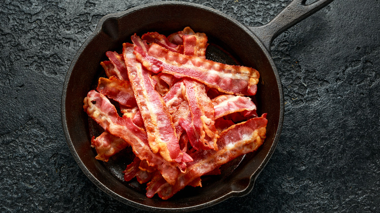 bacon pieces in pan