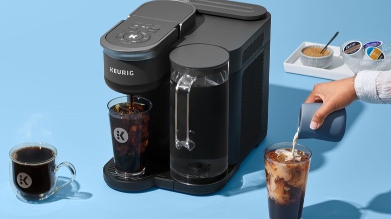 Keurig K-Brew+Chill surrounded by different coffee drinks in clear glasses