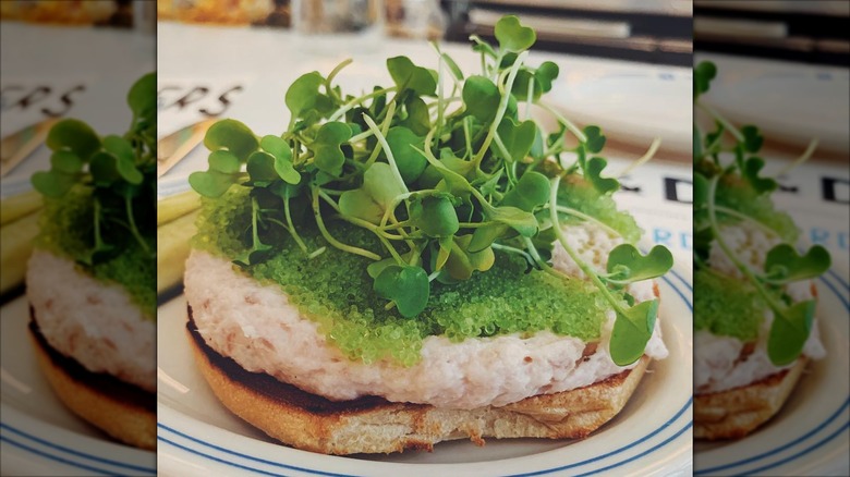 Super Heebster sandwich on a plate garnished with microgreens
