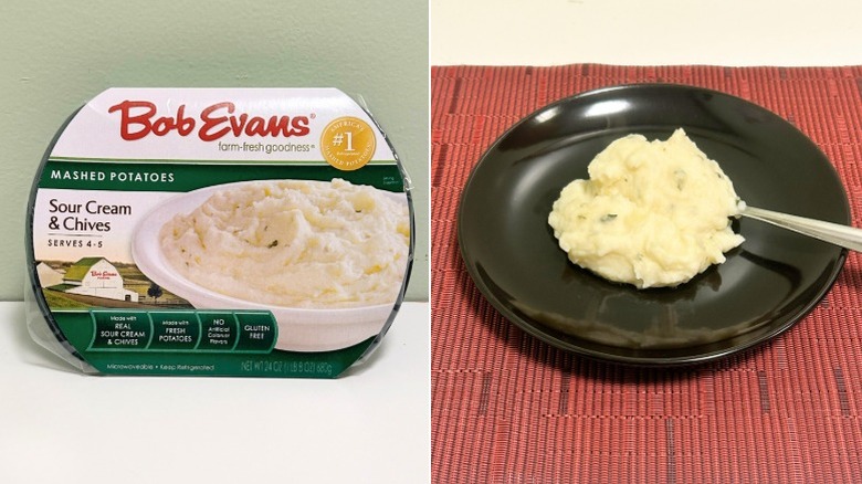A container of Bob Evans Sour Cream and Chives Mashed Potatoes next to a black plate of mashed potatoes