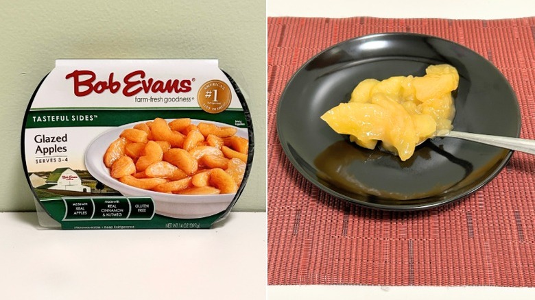 A container of Bob Evans Glazed Apples next to a black plate of glazed apples