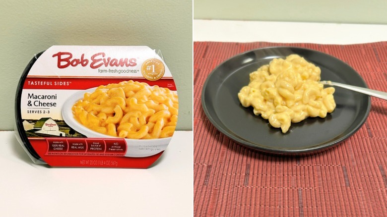 A container of Bob Evans Macaroni and Cheese next to a black plate of mac and cheese